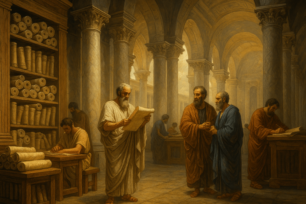 Estudiosos dentro da grande biblioteca de Alexandria